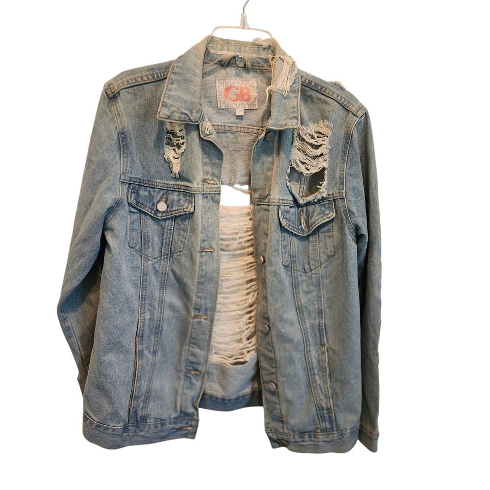 GB Womens Very Distressed Denim Jacket Sz M Grunge Streetwear Thrashed Y2K